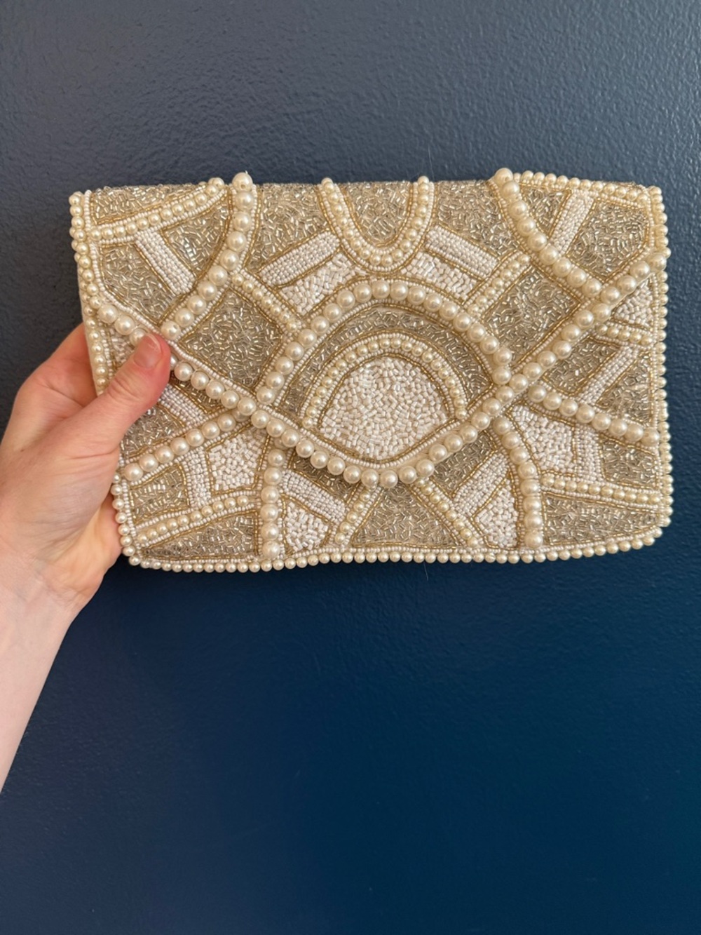 Lulu’s Beaded Pearl Embellished Clutch - Ivory/White/Gold